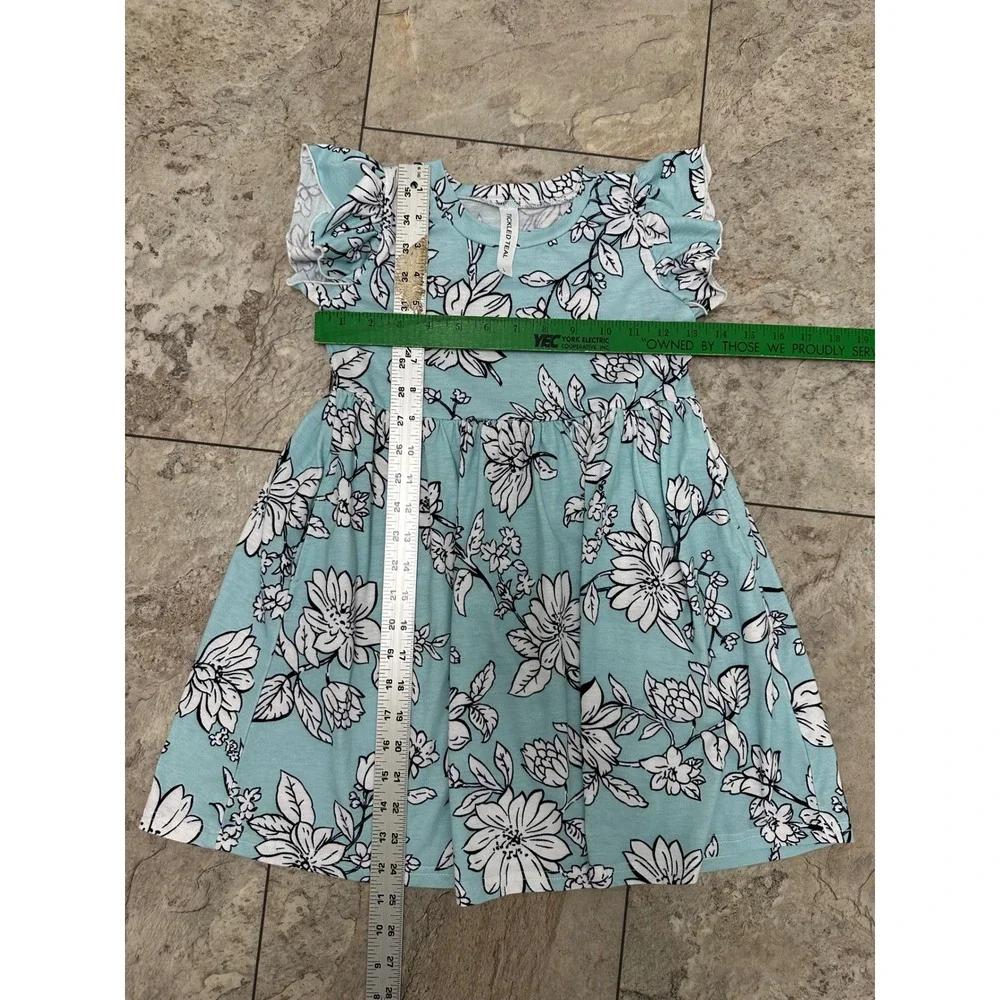Girls Tickled Teal Floral Dress Pockets Size Large 6-7